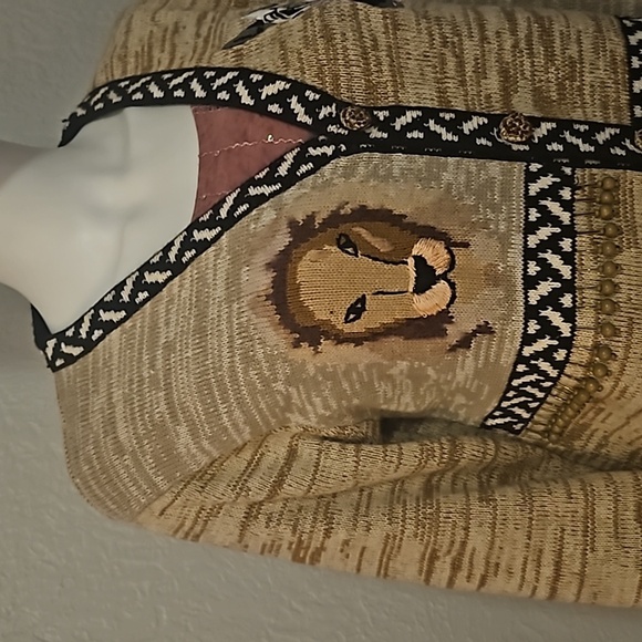 VTG STORYBOOK KNITS 1980s African Tribal Animal Print Marled Cardigan Sweater - Picture 4 of 16